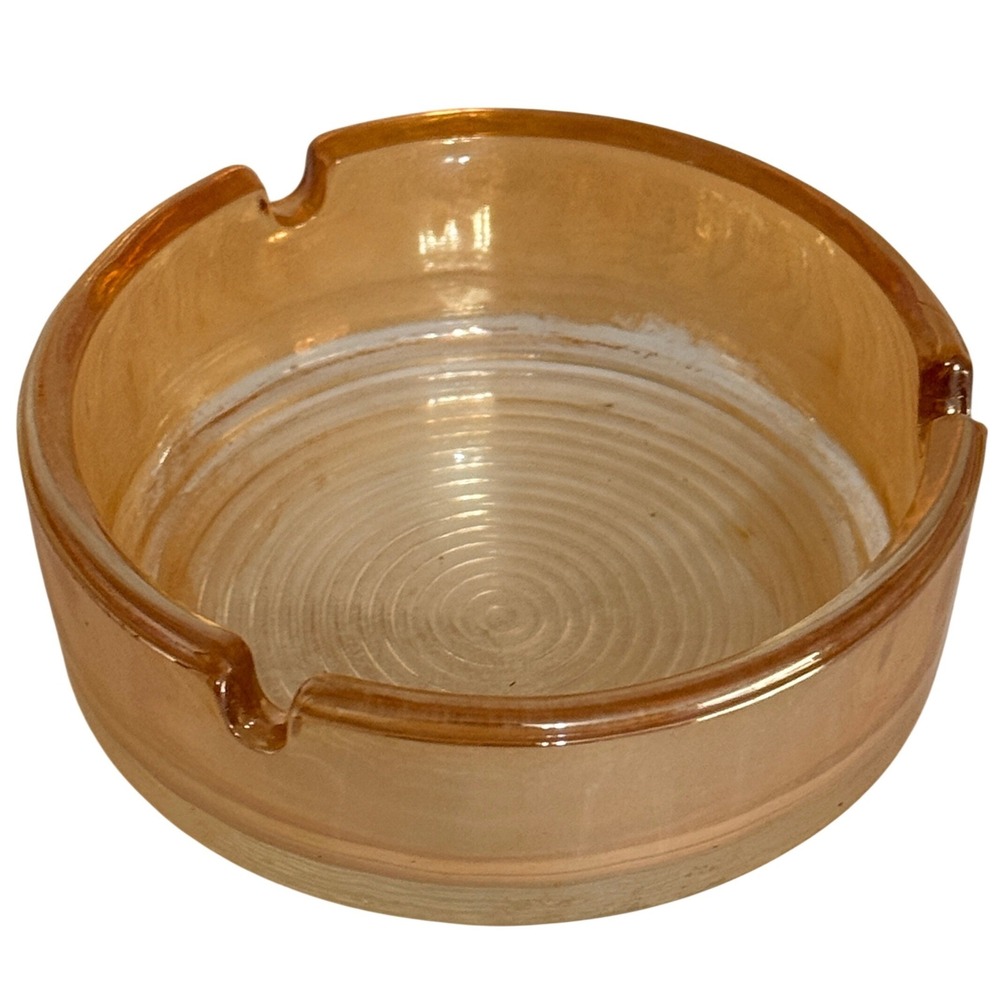 Vintage Amber Iridescent Carnival Glass Ashtray Round 3 Slot Marigold 3.5 Inch